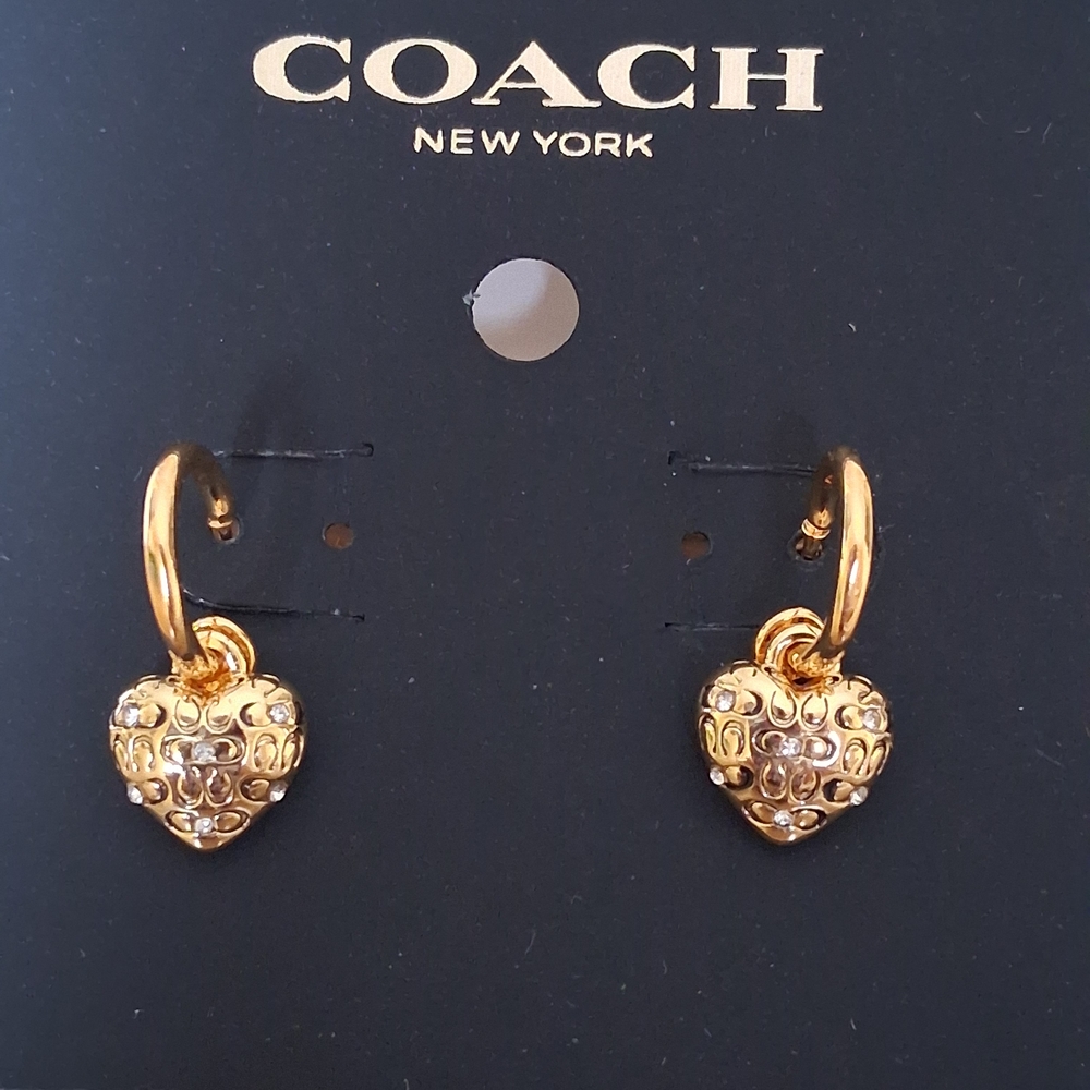 🌷Coach Signature "C" Heart Shaped Puffed Earrings With Crystal Accents NWT
